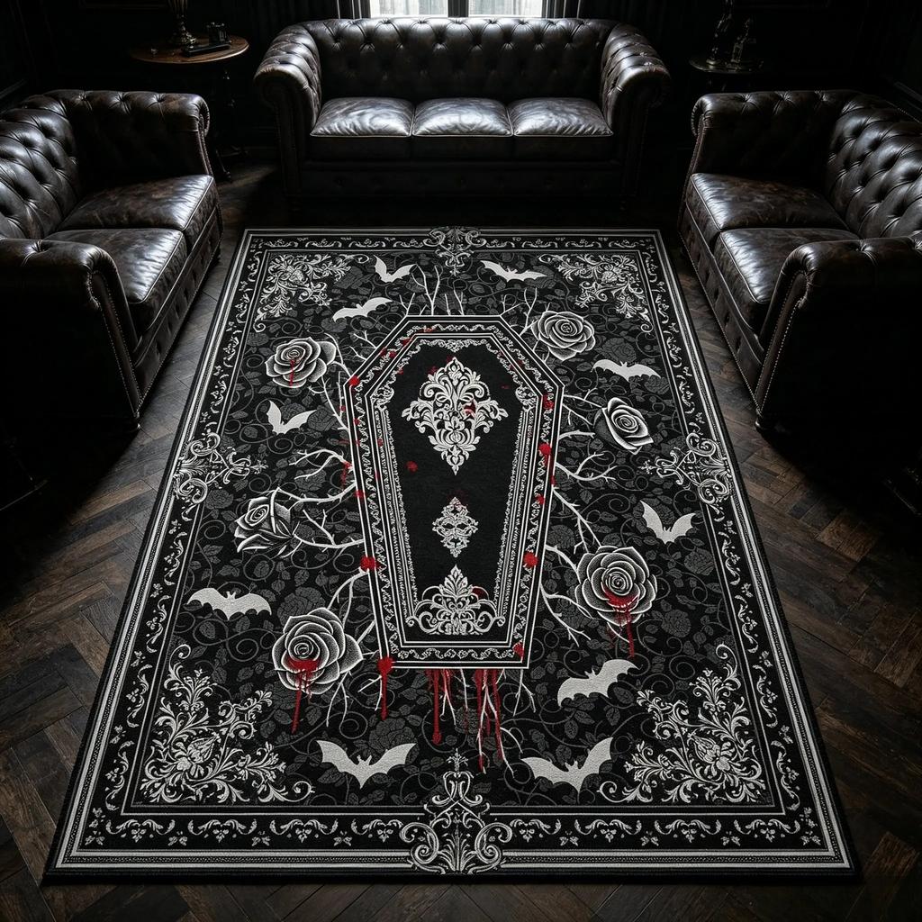 Gothic Coffin Rose Bat Area Rug Vintage Blood Floral Print Non‑Slip Large Floor Mat for Halloween Spooky Living Room Home Decor
