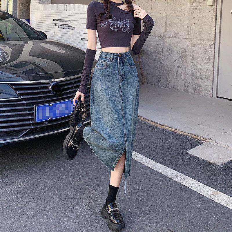 Front Split Female Summer High Waist Straight Covering Flesh A-Line Mid-Length Package Hip Skirt Versatile Comfortable Fashion Denim Bustier Skirt