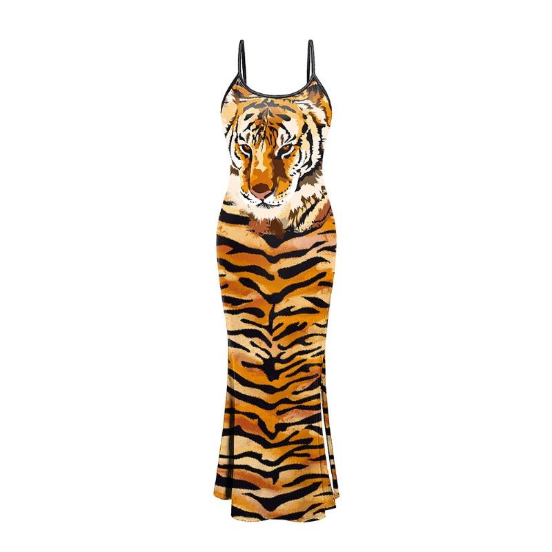 Women's Suspender Split Sexy Dress Tiger Head Digital Printing Wild Animal Medium Dress Children
