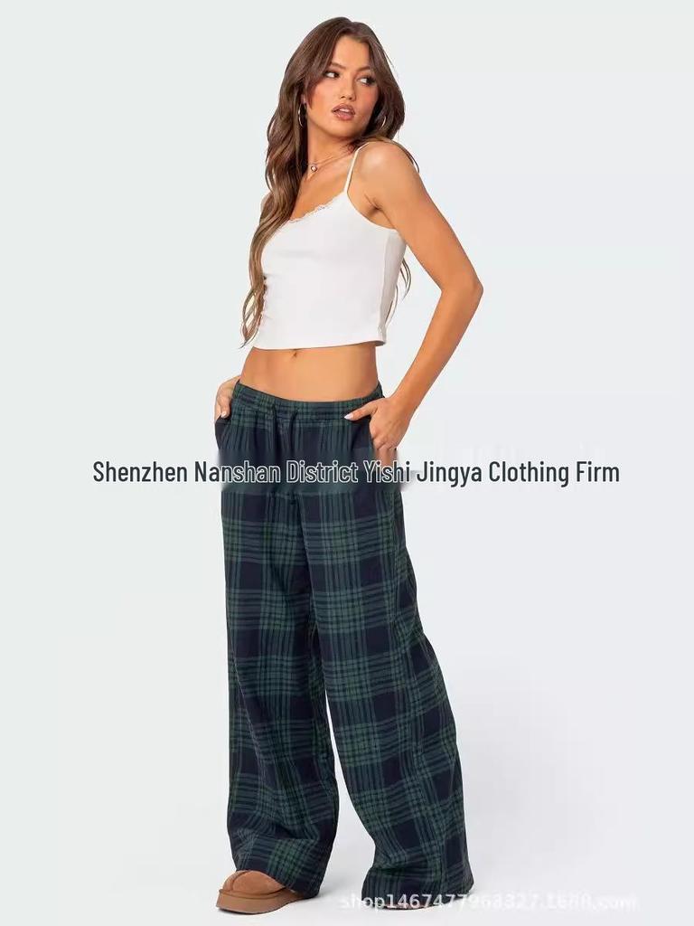 Women's Plaid Elastic Waist Straight-Leg Casual Pants