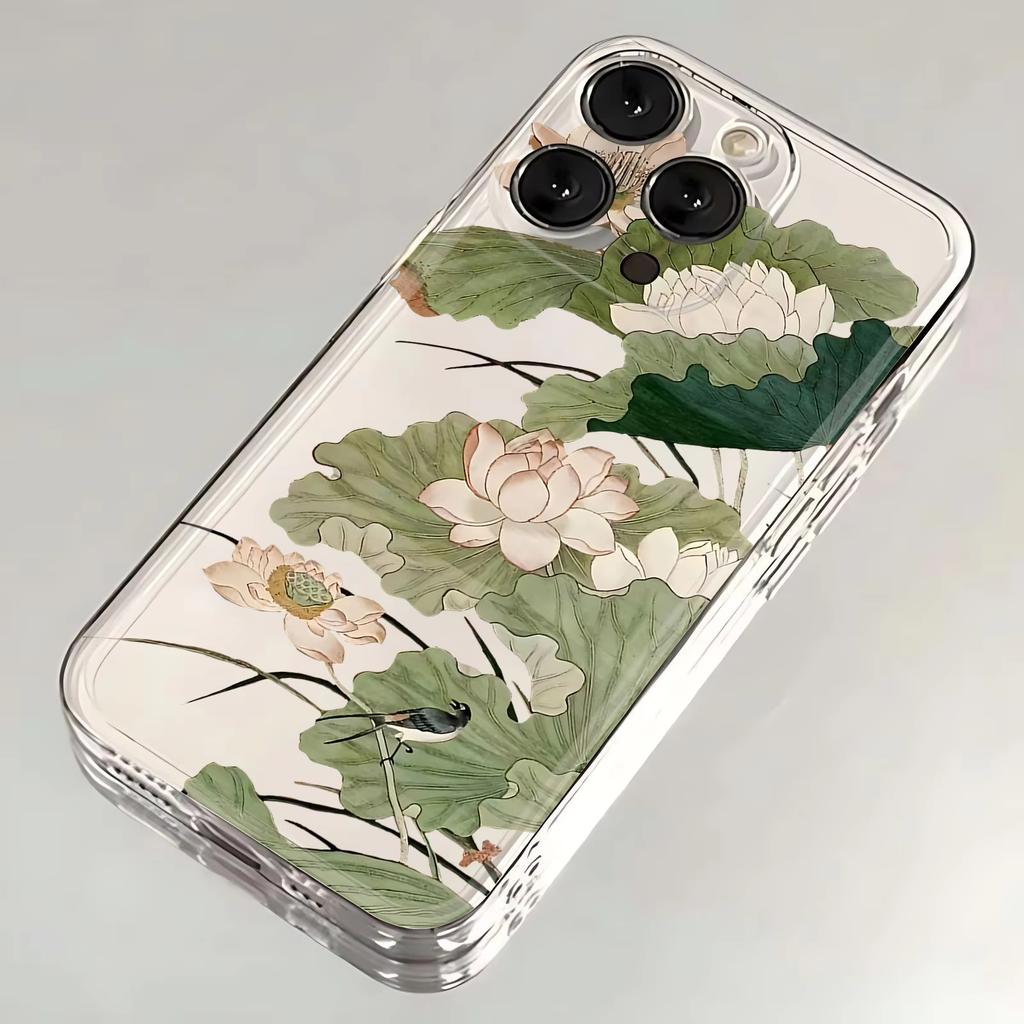 Chinese Ink Wash Lotus Bird Clear Phone Case for iPhone 17 16 15 14 13 12 11 16E Series Pro Max Plus Double Layer Protection