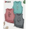 Sunflower Cat Line Art Combination Gift Print Pattern Round Neck3Pack of Sleeveless Vests for Women In Spring, Summer, and Autumn
