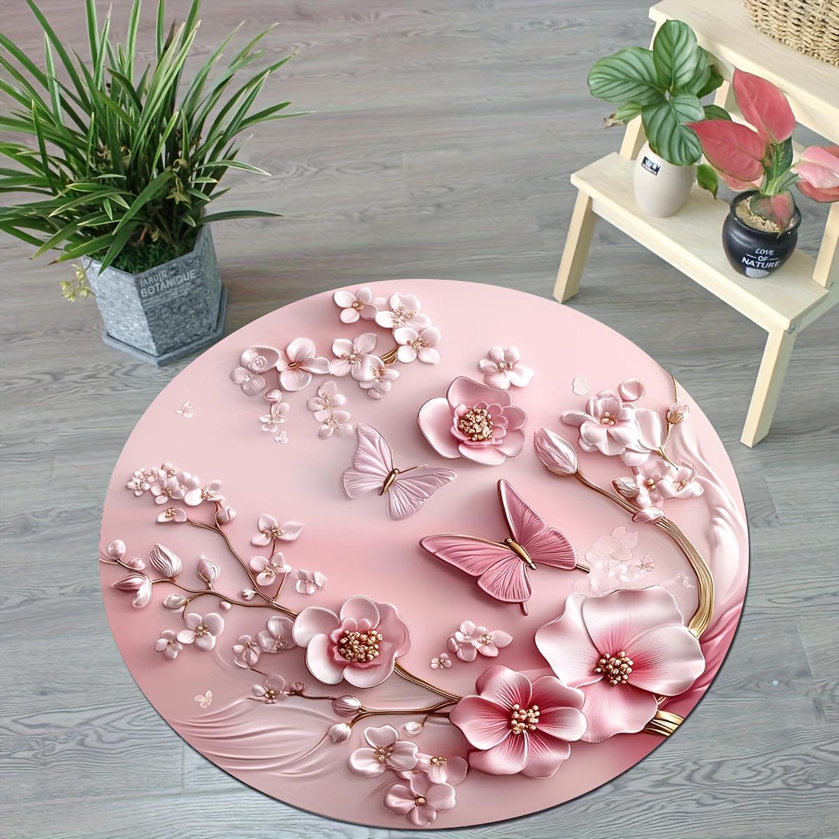

Flannel Printed Round Rug With Pink Flower Butterfly Design For Home Decor Soft Floor Mat Romantic Art Theme Feminine Style 60CM(23.6inch)