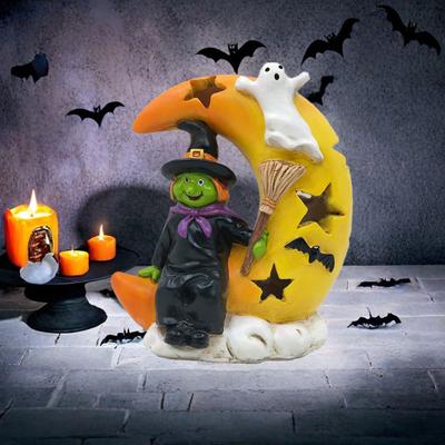 Halloween Decoration Light Up Ghost Pumpkin Witch Moon Figurine Spooky Glowing Resin Statue
