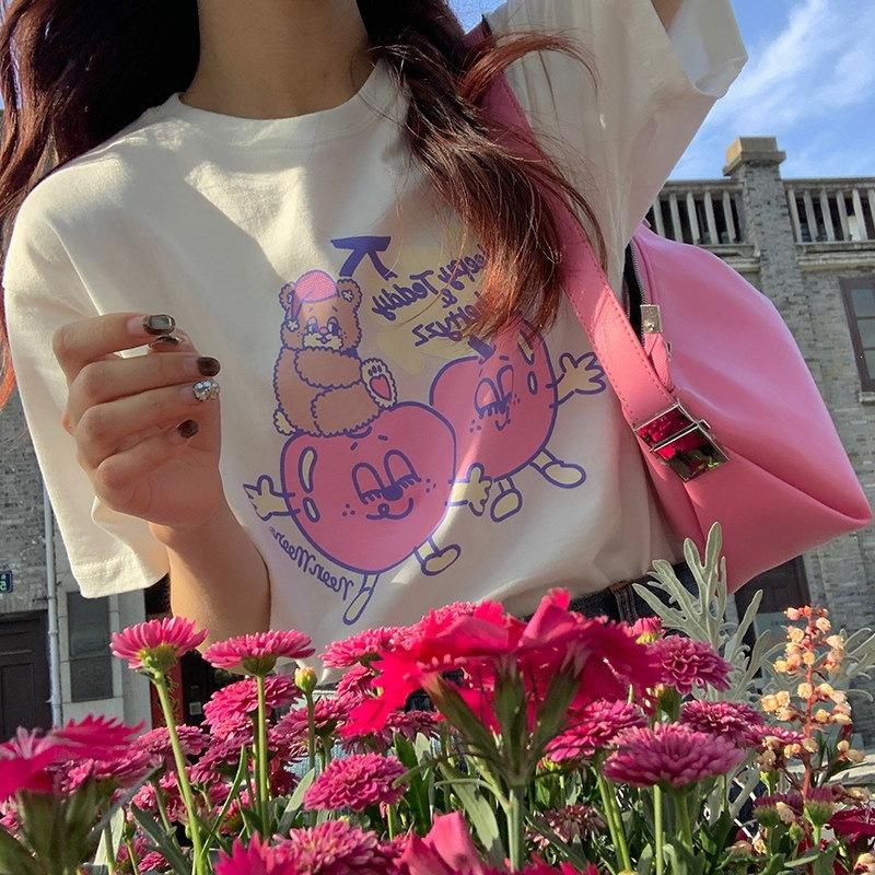 

% Cotton Sweet Cute Bear Print Loose Casual Summer Short Sleeve T-Shirt Women S белый