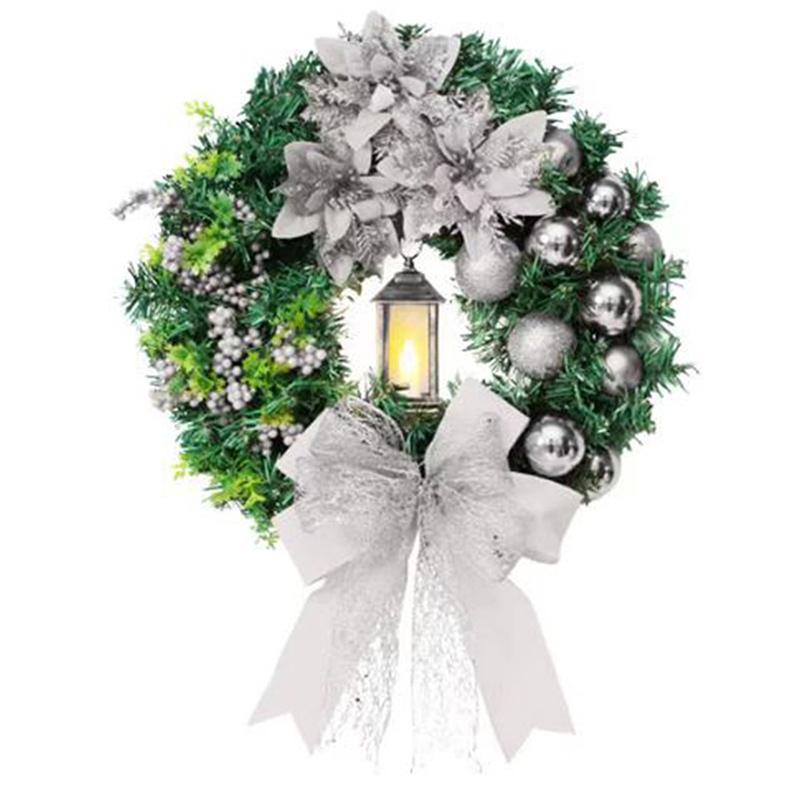 Large Artificial Lighted Christmas Wreath With Bow Ribbon Xmas Ball For Front Door Decor