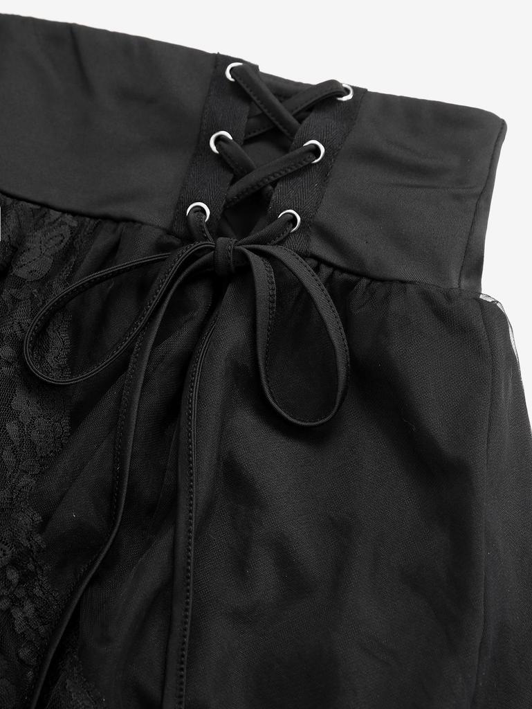 Rosegal Übergröße Florale Spitzenüberlagerung Schnürung Raffung Peplumsaum High-Low Asymmetrischer A-Linien-Rock