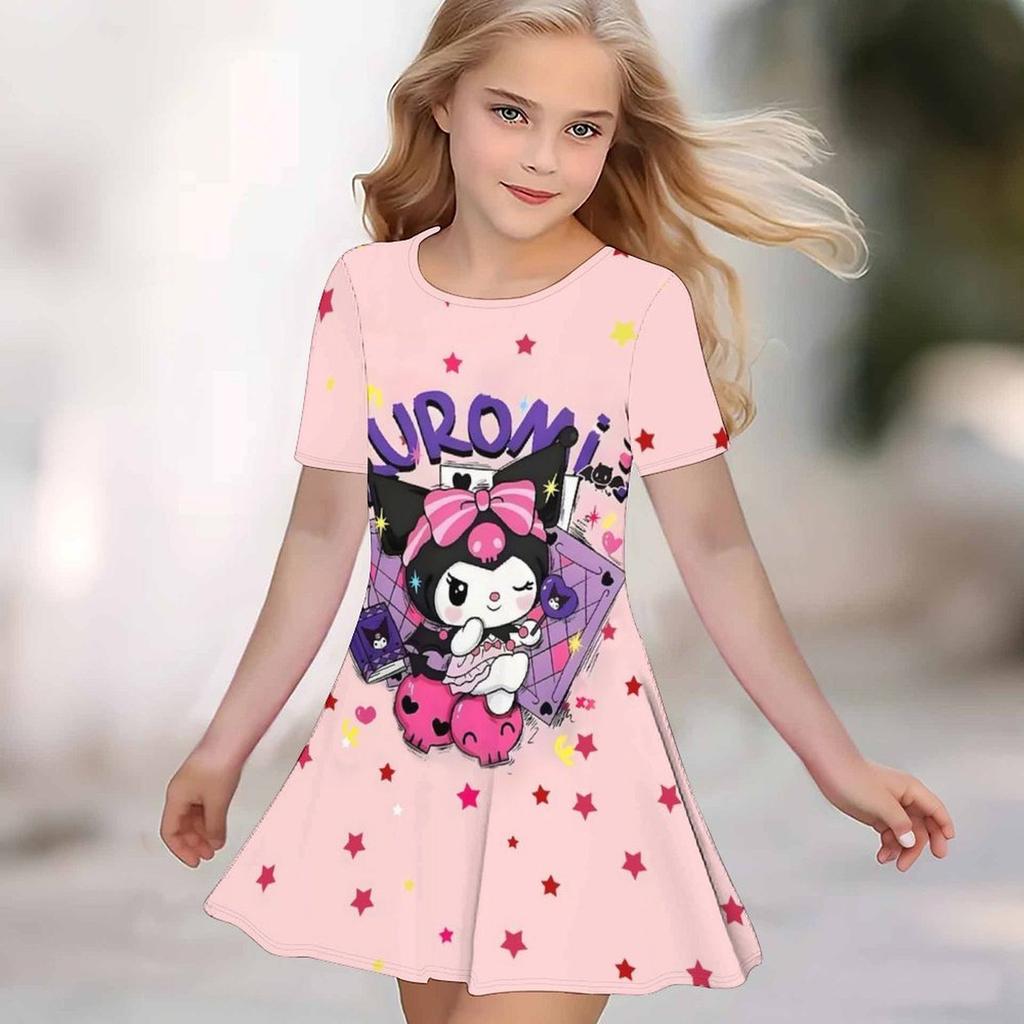 Girls 3D Print Dresses Kids Girl Party Short Sleeve Princess Dress Tank 3D Likable Cartoon Print Dress