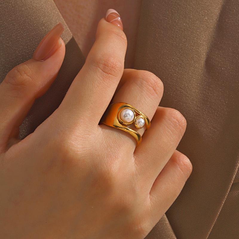 Vintage Stainless Steel Wide Thick Rings for Women Men Classic Imitation Pearl Hollow Opening Rings Charm Banquet Jewelry Gifts