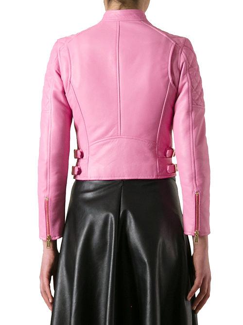 HOT Model Women's Genuine Lambskin Real Leather Jacket Cropped Style Pink Coat