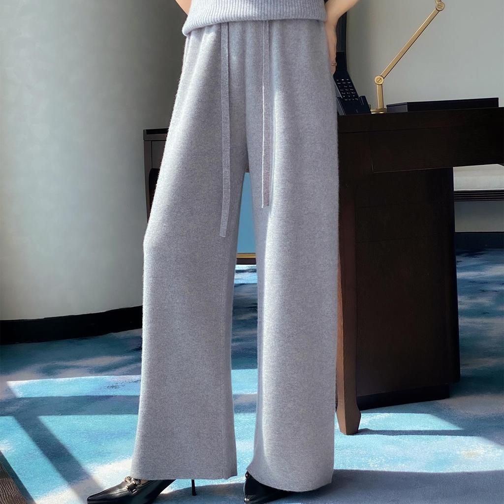 Women's Thickened Wool Knit High-Waisted Wide-Leg Floor-Length Pants for Autumn/Winter