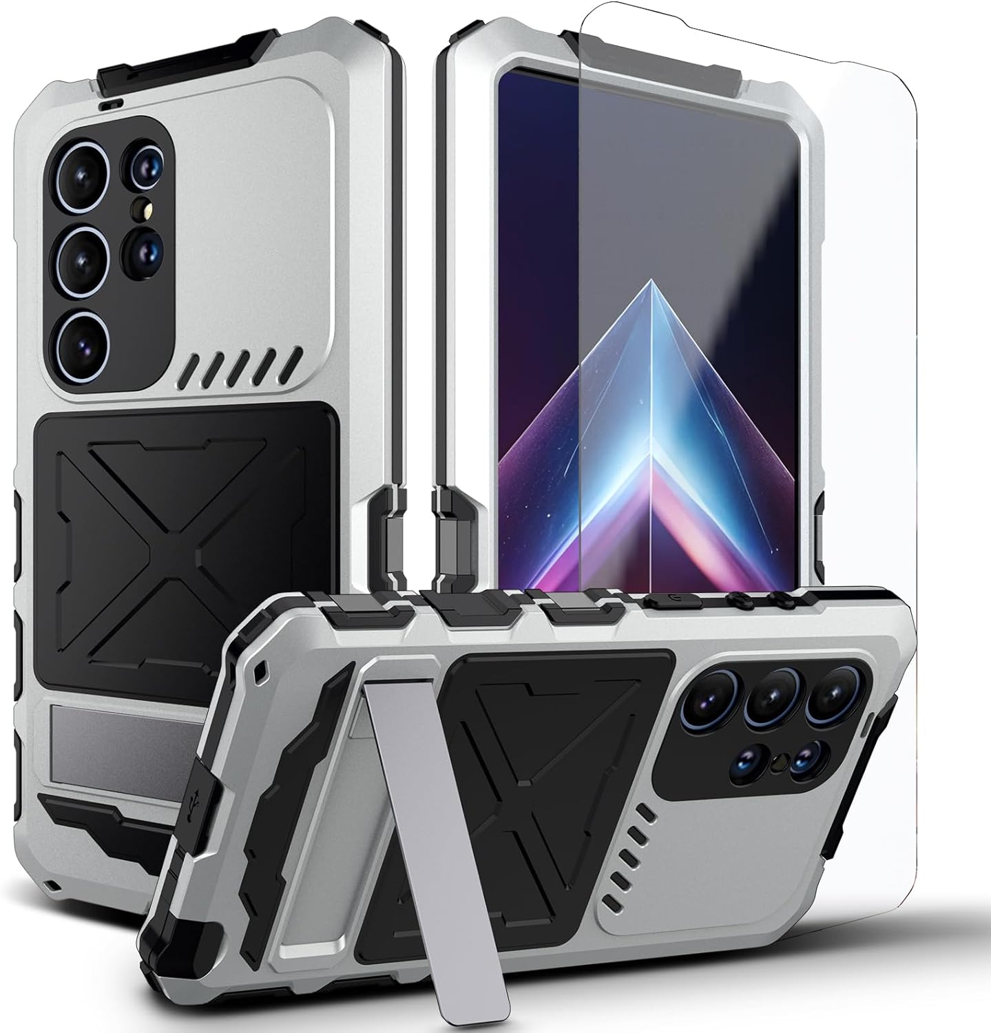 

For Samsung S24 S23 Ultra 3-Layer Hybrid Aluminium Bumper Silicone Phone Cases Screen Protection Snap-on Heavy Metal Armor Case Aluminum&Case & Holder&for GalaxyS23Ultra(6.8 ) срібний