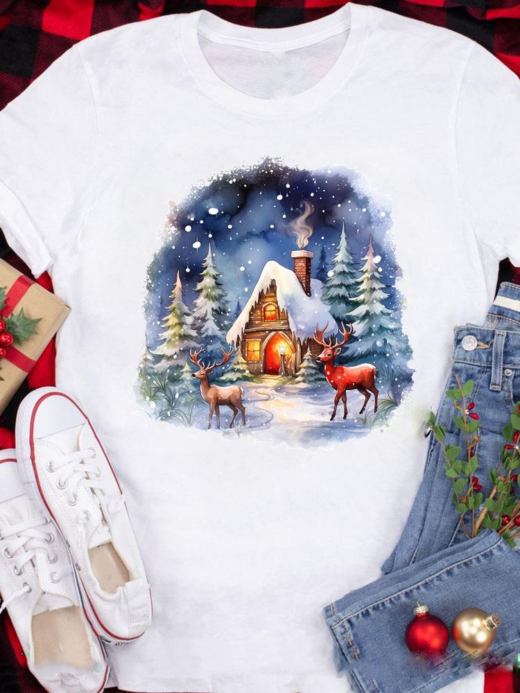 (Asian Size) Tee Top Festival  Merry Christmas New Year Holiday Casual Love Heart Plaid Women Print Lady Short Sleeve Fashion Graphic T-shirts