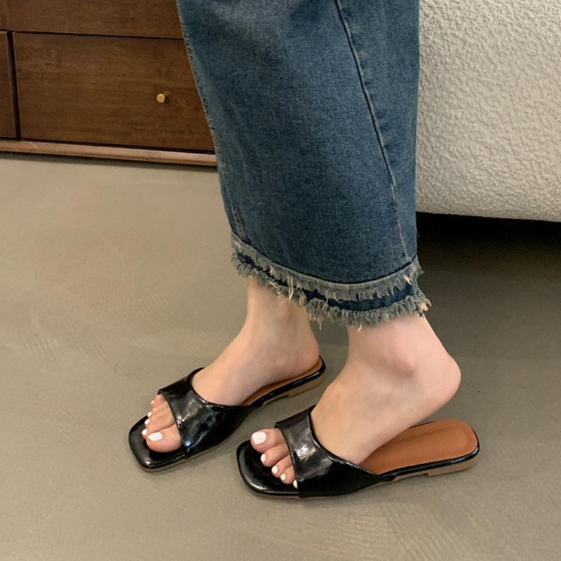 Women Flats Slippers Fashion Open Toe Ladies Outdoor Beach Vacation Sandal Summer Women's Silvery Shoes Casual Square Toe Slides