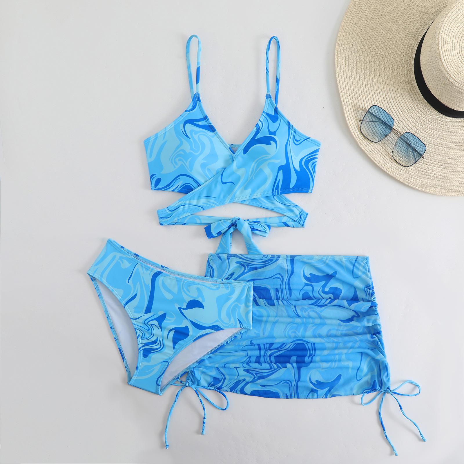 

Новый праздничный стиль женский купальник-бикини из трех частей: Сексуальный открытый топ с перекрестными бретелями и юбка с разрезом и сборками XL синий