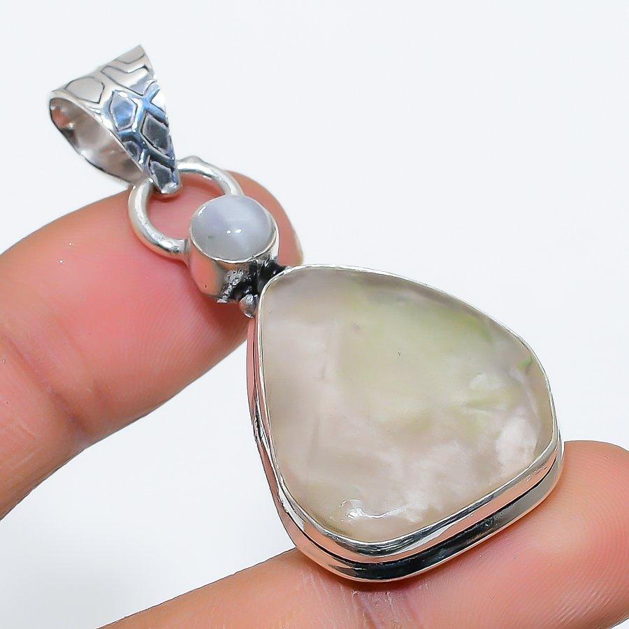 Prehnite, Moonstone Gemstone 925 Sterling Silver Jewelry Pendant 2.01" SU-9920