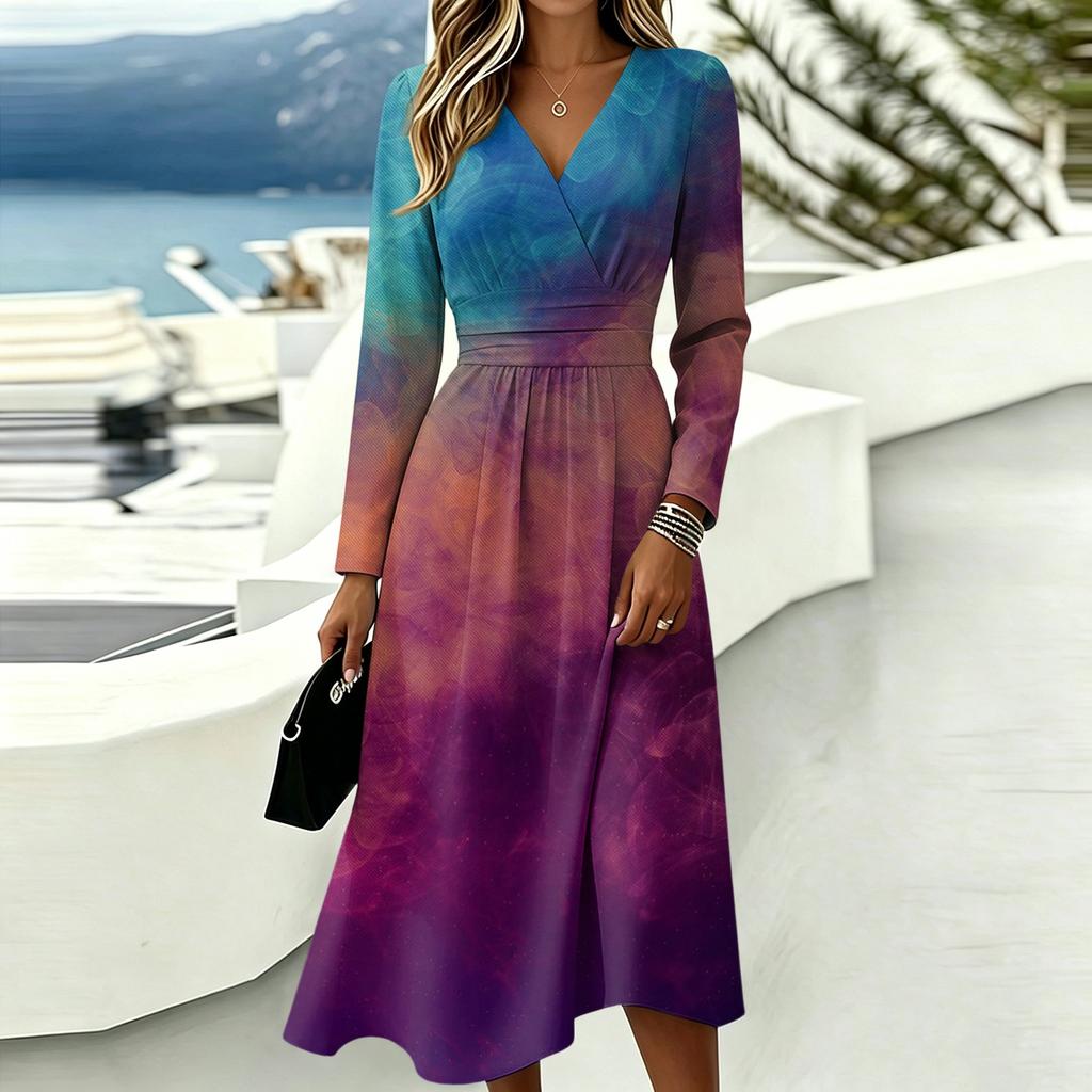 Women's Casual Print Long Sleeve V-Neck Dress with Pocket