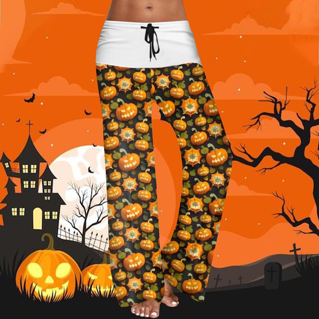 Women's Drawstring Elastic Waistband Wide Leg Color Matching Halloween Printed Casual Pants