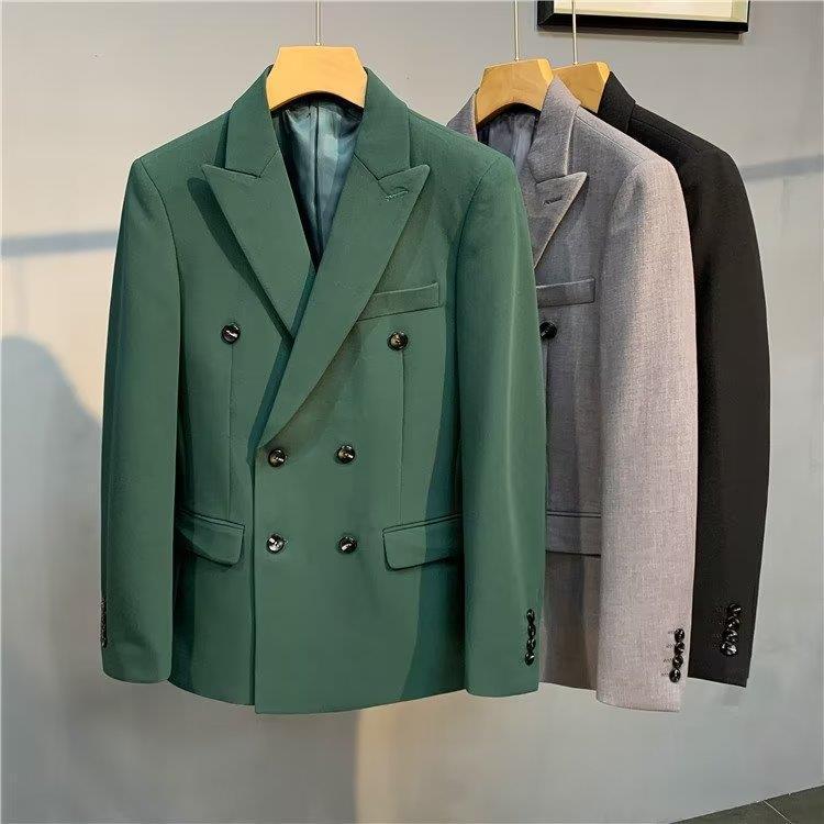 Korean Slim Fit Men's Autumn Blazer: Double-Breasted Suit Jacket for Business Casual