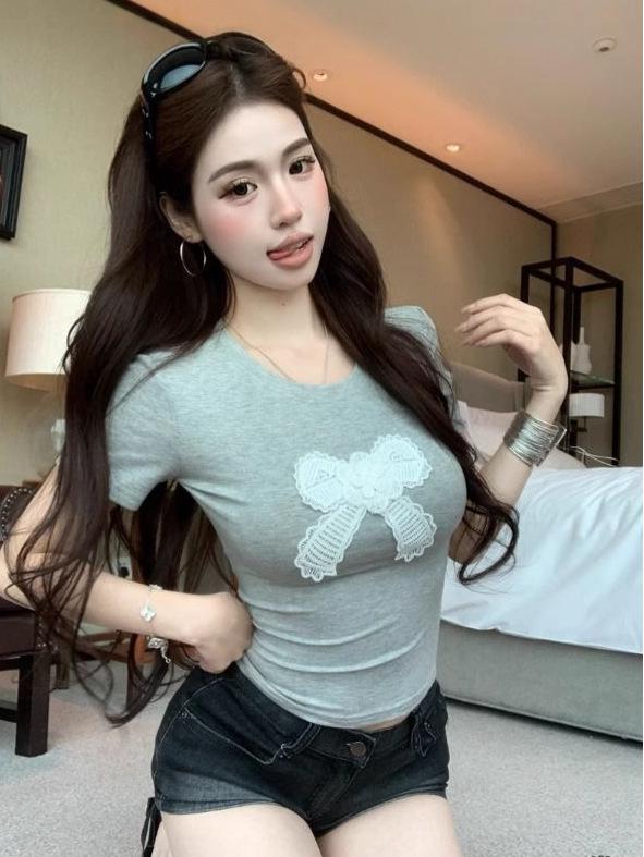 

Women s Slim Fit Grey Bowknot Round Neck Short Sleeve T-shirt S серый