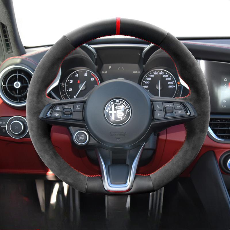 Hand-stitched Non-slip Black Genuine Leather Suede Car Steering Wheel Cover 100% Fit For Alfa Romeo Giulia Stelvio 2020-2023