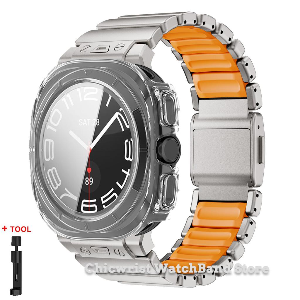 Armband+Hülle für Samsung Galaxy Watch Ultra 2025/7 ultra Edelstahl Gummiarmband Gehärtetes Glas Displayschutz Hülle aus Hart-PC