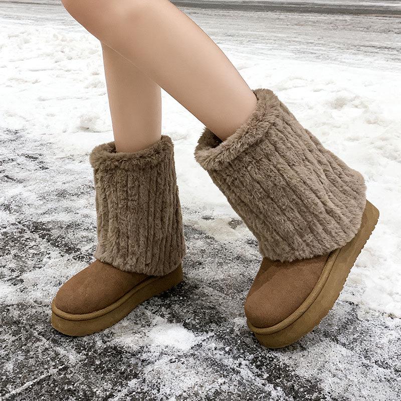 Women's 2025 Fluffy Fur Mid-Calf Snow Boots - Thick-Soled, Plush Velvet Lined, Winter Fashion.