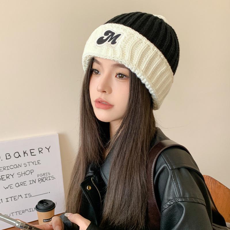 Autumn and winter double-spell wool hat, piled and thickened labeling, cute air-cooled hat, outdoor cold-proof and warm personalized knitted hat