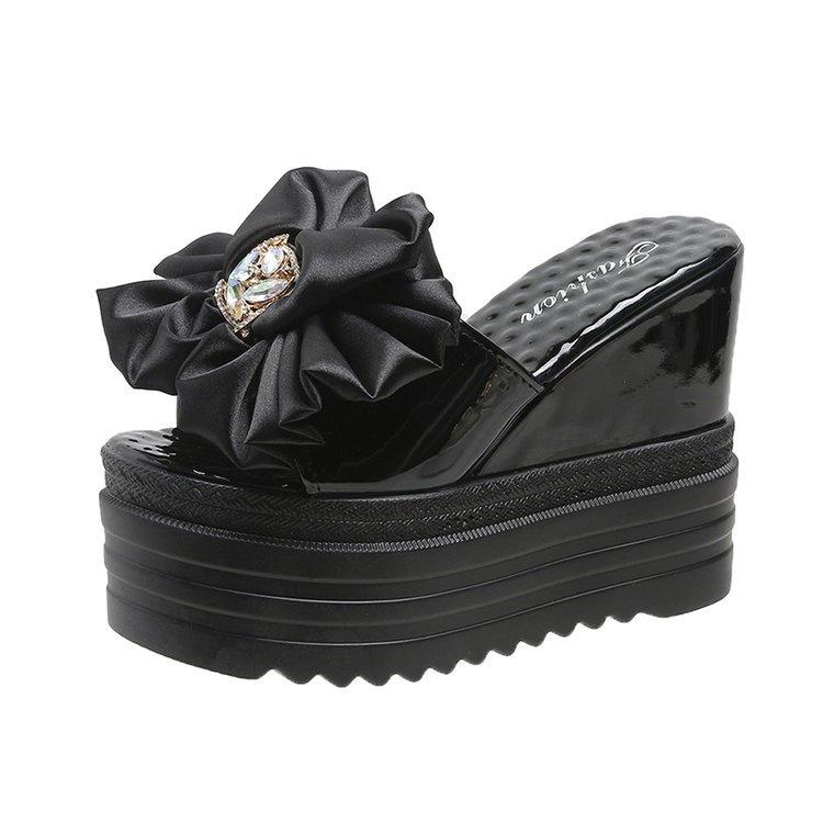 Summer New Muffin Bottom One-word Sandals High-heeled Bow Wedge Slippers Waterproof Table Slippers