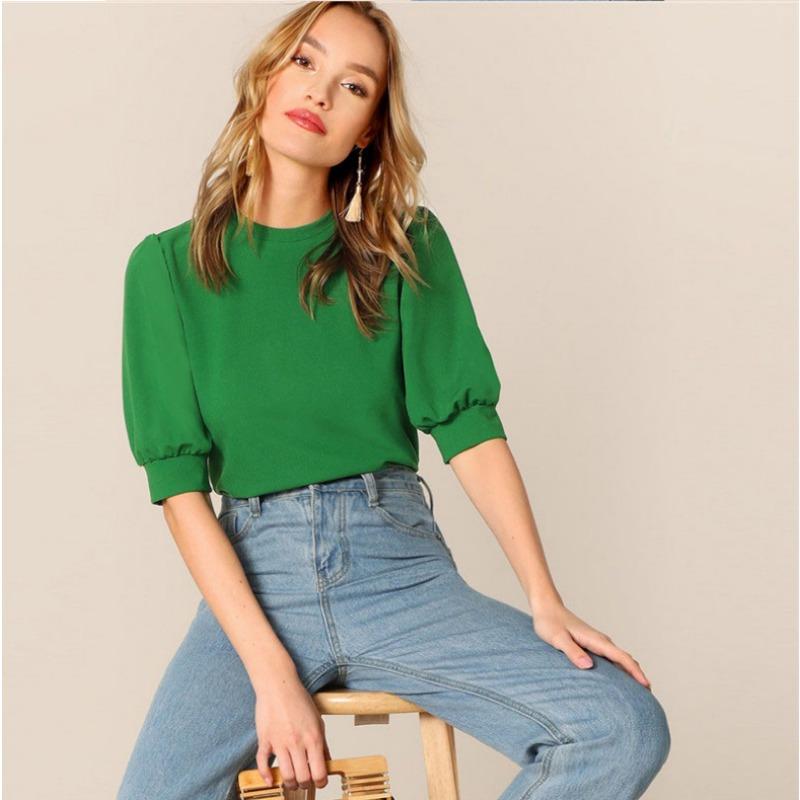 Women Puff Sleeve Blouse Round Neck Casual Loose Solid Top