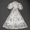 Lace Stand Collar Embroidered Patchwork Puff Sleeve Dress