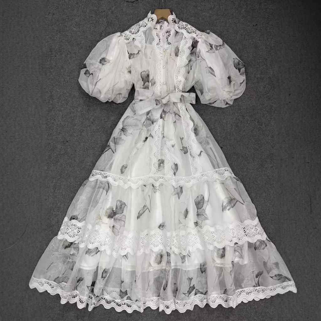 Lace Stand Collar Embroidered Patchwork Puff Sleeve Dress