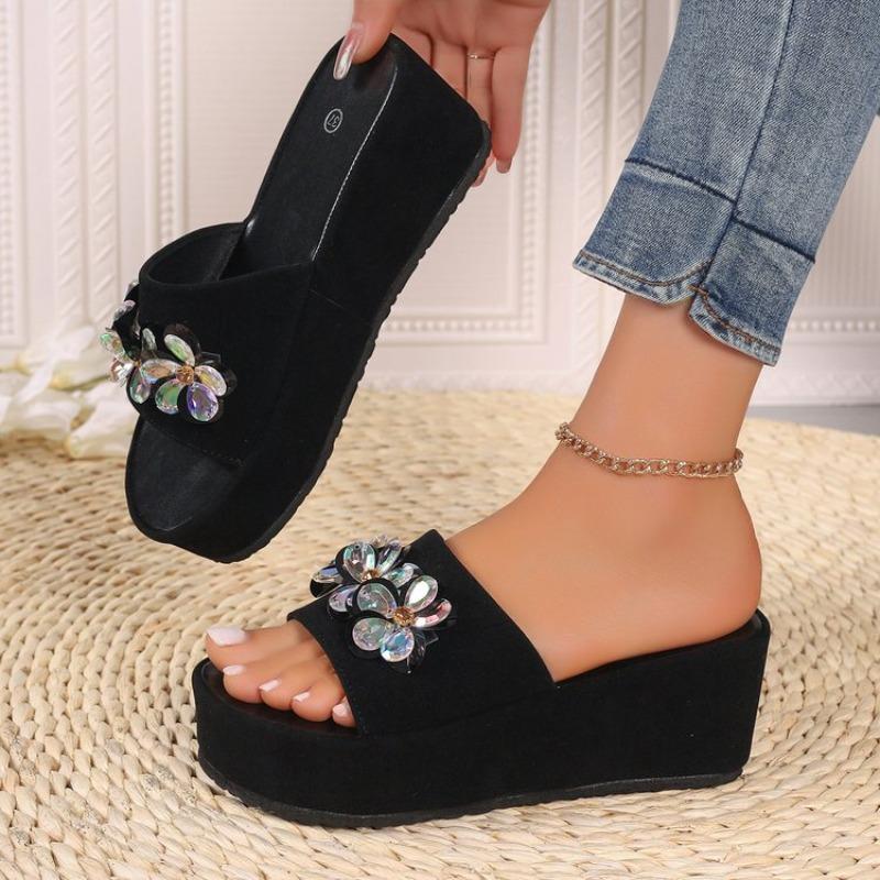 Fashion Summer Women Wedge Slide Beach Slipper Thick Heel Ladies Sandals Crystal Decorate No Slip Platform Slippers Plus Size 35-43