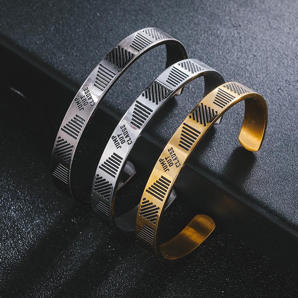 

Retro Titanium Steel Striped Letter Bangle: Unisex Simple Open Cuff