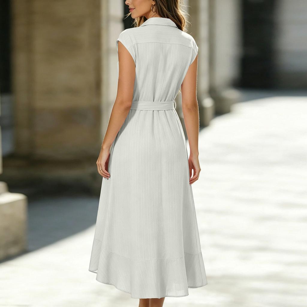 Womens Button Front Tie Waist Dress Cap Sleeve Midi Dress with Collar and Asymmetrical Hem Casual Summer Dress for Daily Wear