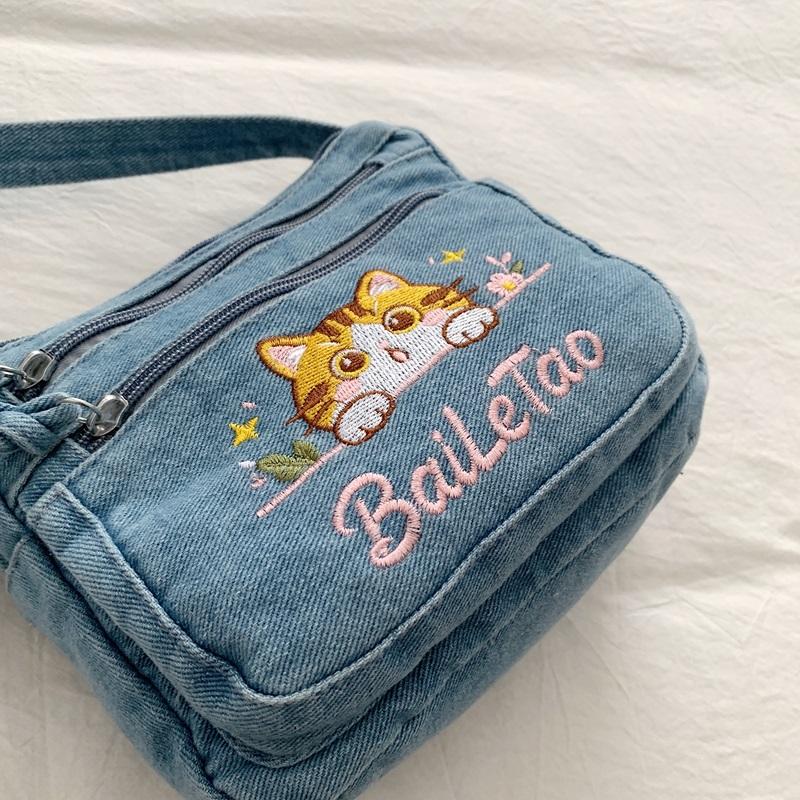 Koreanische Version Denim Crossbody-Tasche mit süßer Katzenstickerei – Verstellbarer Riemen, Kleine Sling-Tasche mit mehreren Taschen für Damen