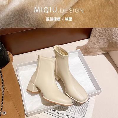 French high-heeled short boots women's 2026 autumn and winter new thick heel square head white elastic thin boots women's velvet