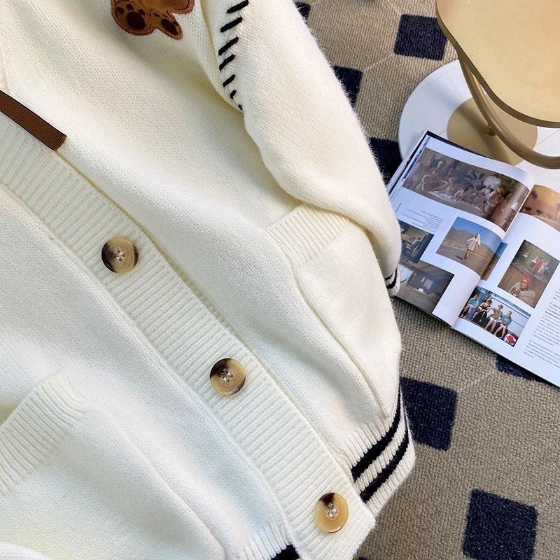 Women's Korean Bear Knit Cardigan with Pockets - 2025 Autumn/Winter Lazy Style