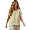 Womens Button Down Short Sleeve Blouse Loose Fit Casual Linen Shirt Crew Neck Lightweight Summer Top