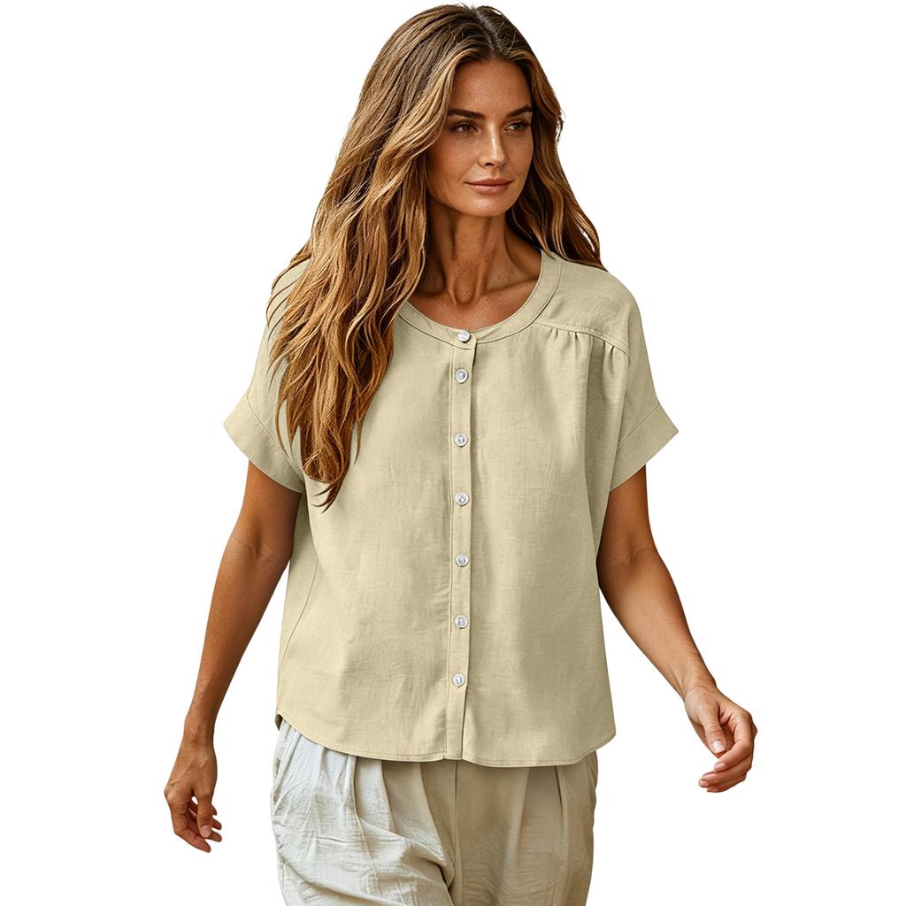 Womens Button Down Short Sleeve Blouse Loose Fit Casual Linen Shirt Crew Neck Lightweight Summer Top