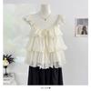 Real price sweet and spicy Xiaofei sleeve lace-up square collar shirt women's summer new foreign style ruffle edge short design top