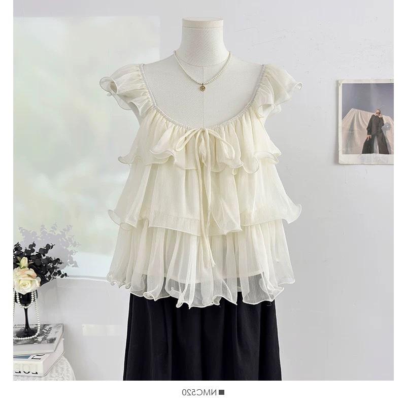 Real price sweet and spicy Xiaofei sleeve lace-up square collar shirt women's summer new foreign style ruffle edge short design top
