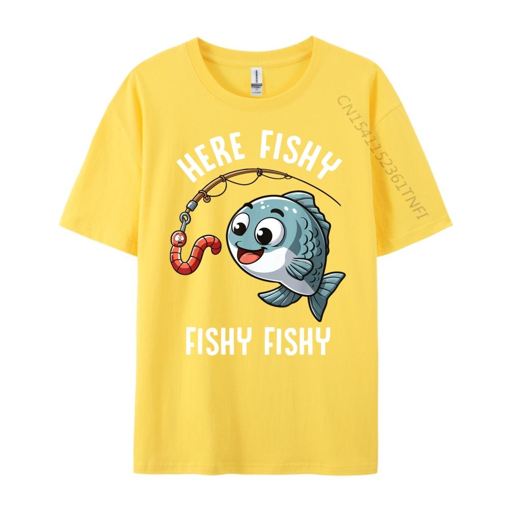 Here Fishy Fishing Funny Worm Cute Fish Fisherman Oversized T Shirt Men Summer Original Mens TShirts Character New Tshirt