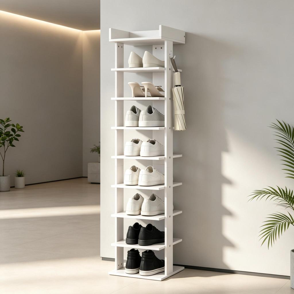 Shoe rack with 9 levels, storage for up to 9 pairs of shoes with top shelf and 2 hooks