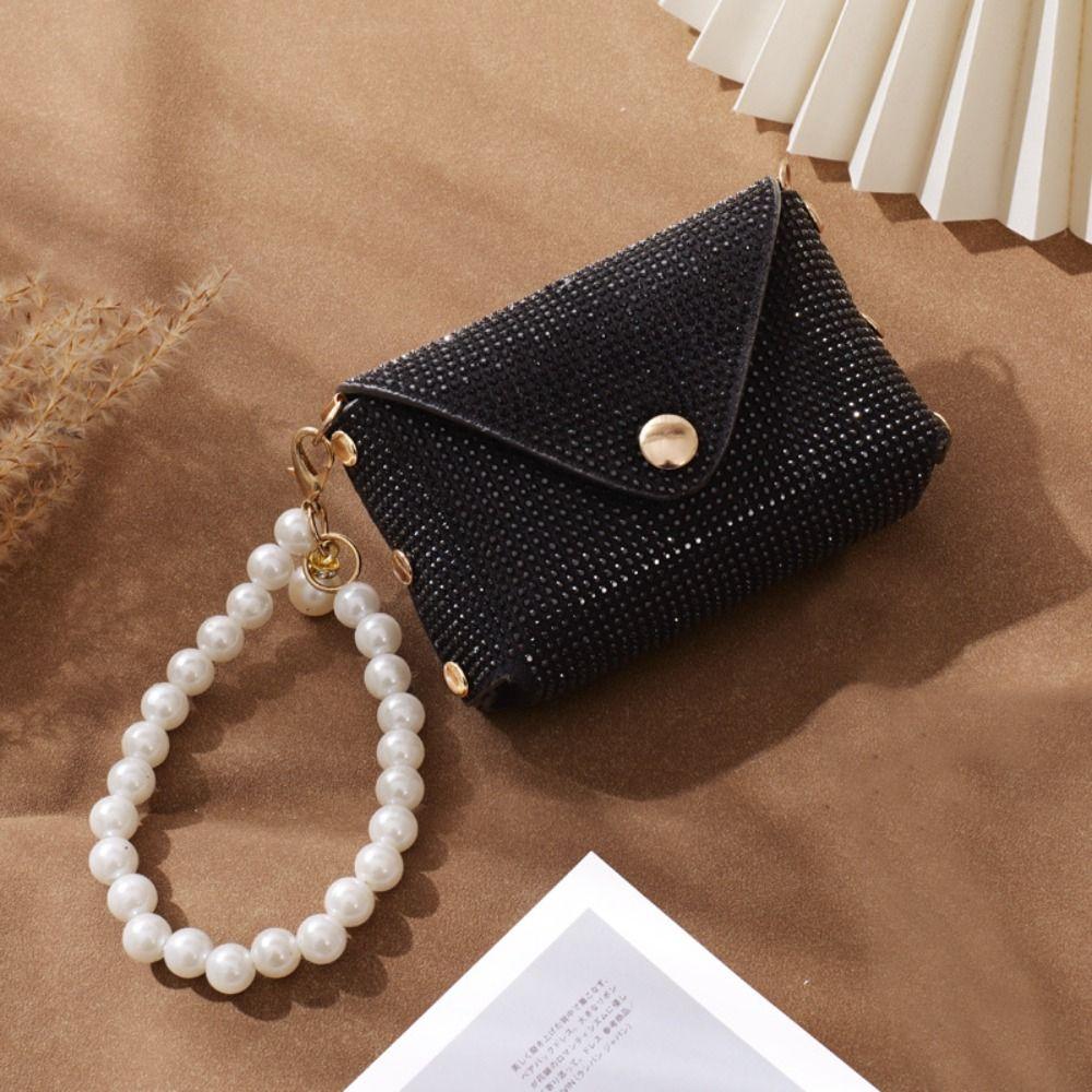 

Shiny Mini Storage Bag PU Leather Headphone Bag Fashion Rhinestone Coin Purse Women чорний