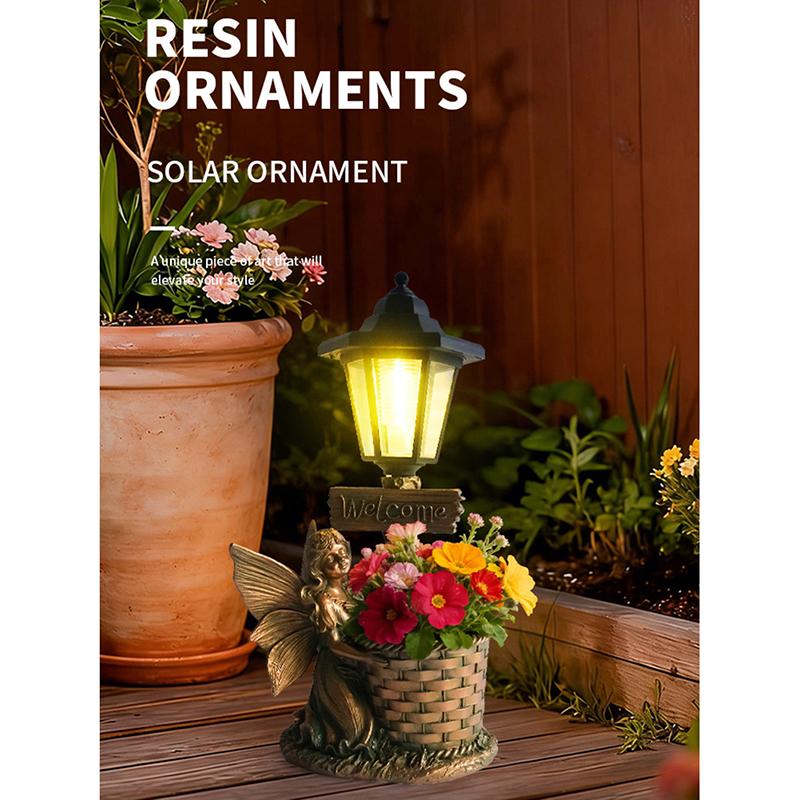 Resin Angel & Fairy Solar Garden Statue, Illuminated Flower Pot Ornament for Outdoor Yard Decor