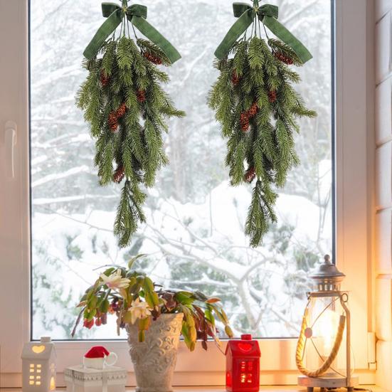 Christmas Teardrop Swag Artificial Norfolk Pine Branch Door Swag with Faux Pine Cones And Bow for Indoor Outdoor Mantel Fireplace Stairway Decor