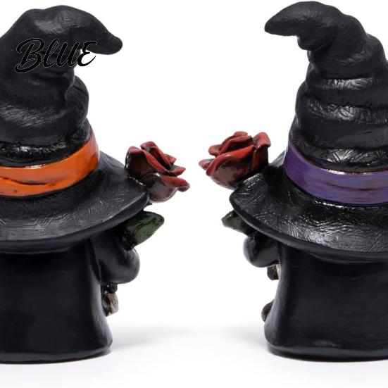 Gnome Table Centerpiece Halloween Skeleton Figurine Gothic Witch Hat Dwarf Statue Holiday Party Ornament Holding Rose Sculpture for Decoration