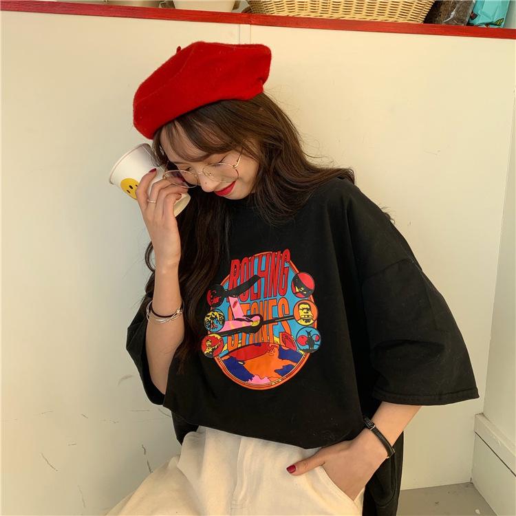 

Летняя одежда с рисунком из мультфильмов, новая корейская женская футболка средней длины с короткими рукавами для женщин, свободная одежда для пар студентов M чёрный