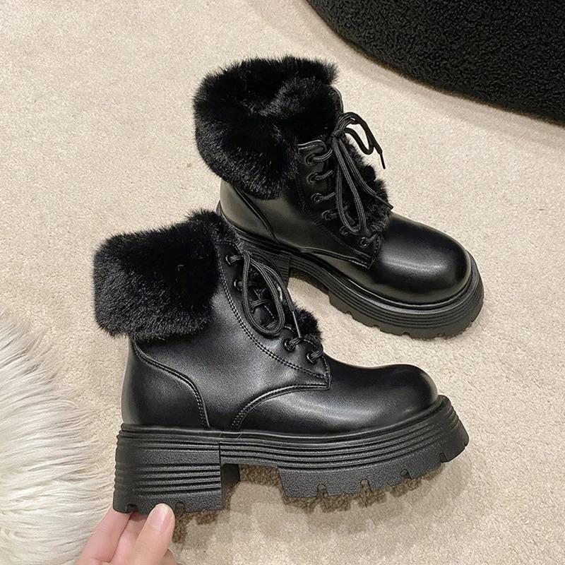 Womens Snow Boots Winter Plush Warm Cotton Boots High Quality Casual Leather Boots for Women Lace Up Ankle Boot Botines De Mujer